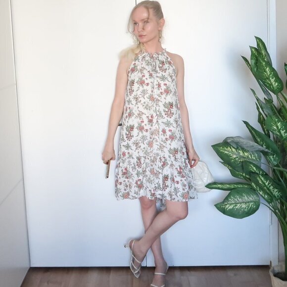 Max Studio White Floral Halter Knee Length Midi Dress With Ruffle Hem Size XS - Picture 11 of 14